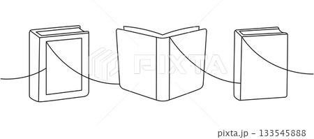 Minimalist contour drawing of books connected with a flowing single line 133545888