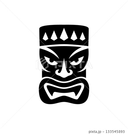 Black tiki mask with diamond crown details and fierce mouth. Polynesian tribal vector face illustration for tattoos, cultural posters and festival art 133545893