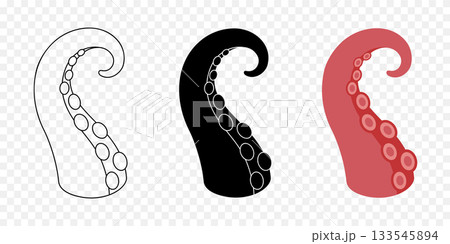 Octopus tentacles with suction cups. Curved squid arms for sea monster, underwater marine life and nautical fantasy design themes 133545894