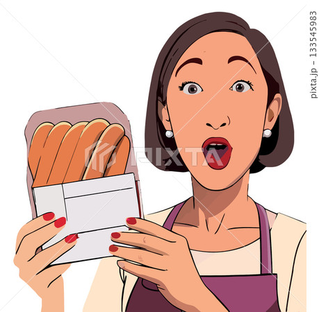 Surprised woman holding hot dogs expressing amazement Surprised woman holding hot dogs expressing amazement 133545983
