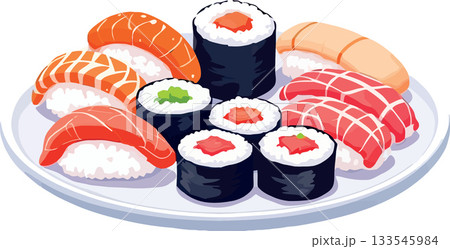 Delicious sushi assortment displayed on plate, vibrant japanese cuisine Delicious sushi assortment displayed on plate, vibrant japanese cuisine 133545984