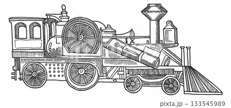 A black and white drawing of a steam engine 133545989