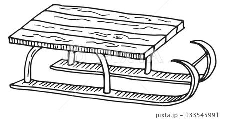 A wooden sled with a curved handle is shown in a black and white drawing 133545991