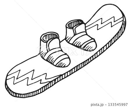 A cartoon drawing of a snowboard with two shoes on it 133545997
