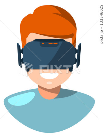 A boy wearing a blue shirt is wearing a virtual reality headset A boy wearing a blue shirt is wearing a virtual reality headset 133546025