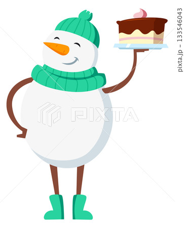 A cartoon snowman holding a cake 133546043