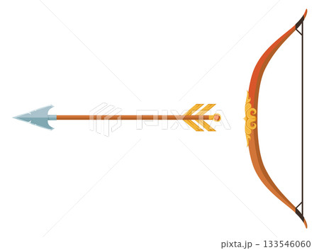 A bow and arrow are shown in a white background A bow and arrow are shown in a white background 133546060