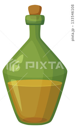 A green bottle with a cork stopper and a yellow liquid inside A green bottle with a cork stopper and a yellow liquid inside 133546108