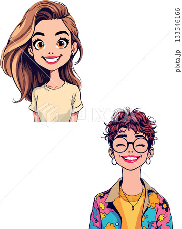 Two smiling young women with different hairstyles and fashion styles 133546166