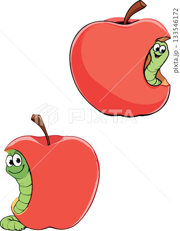 Two red apples and smiling green worms peeking out 133546172