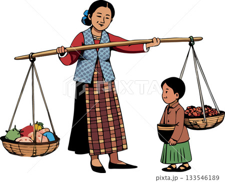 Woman carrying baskets of food on a yoke with her child beside her Woman carrying baskets of food on a yoke with her child beside her 133546189