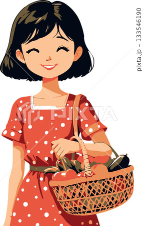 Smiling woman carrying basket full of vegetables and fruits 133546190