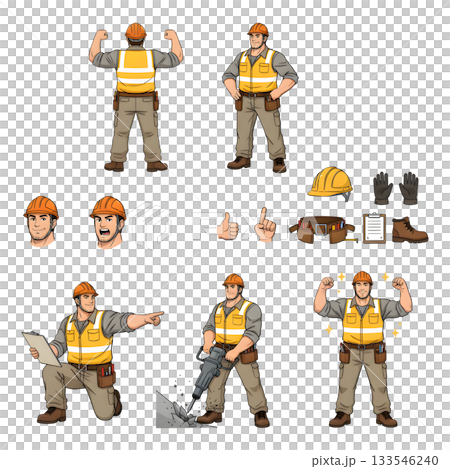Builders dressed in protective vests and helmets. Construction worker character 133546240
