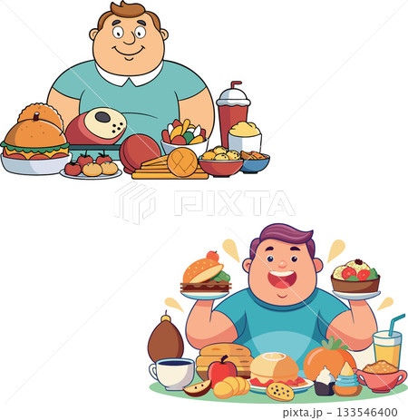 Overweight men enjoying eating many unhealthy foods Overweight men enjoying eating many unhealthy foods 133546400