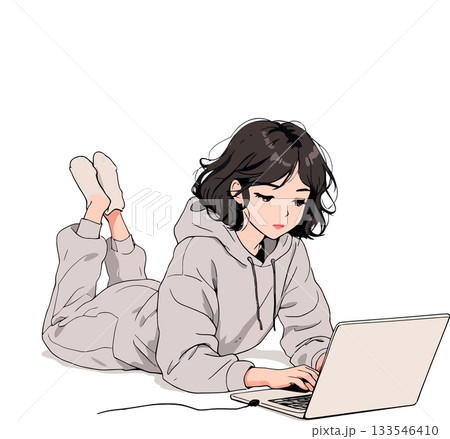 Young woman lying on floor using laptop, working remotely from home Young woman lying on floor using laptop, working remotely from home 133546410