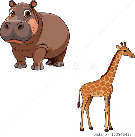 Smiling hippopotamus and standing giraffe cartoon illustration 133546415