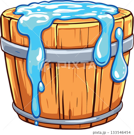 Wooden bucket overflowing with refreshing water 133546454