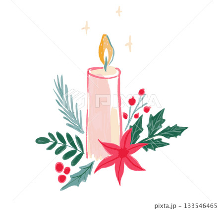 Christmas candle decorated with red berries and holly branches. Hand drawn doodle illustration isolated 133546465