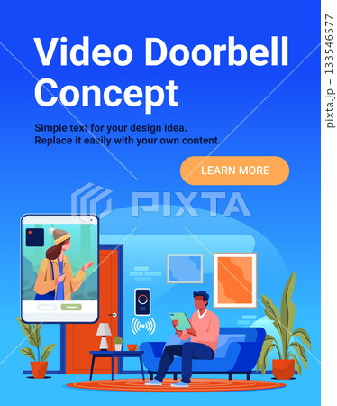 Video doorbell concept smart home security man using tablet living room interior large screen showing visitor wireless technology modern apartment Video doorbell concept smart home security man using tablet living room interior large screen showing visitor wireless technology modern apartment 133546577