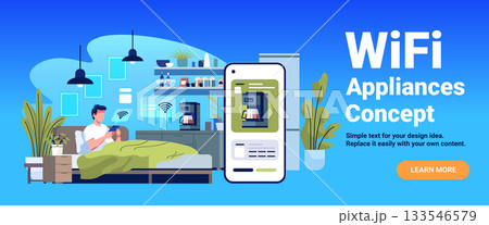 WiFi appliances concept smart home automation man controls coffee maker with mobile device modern bedroom kitchen plants flat design website banner WiFi appliances concept smart home automation man controls coffee maker with mobile device modern bedroom kitchen plants flat design website banner 133546579