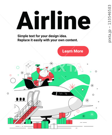Santa Christmas airline holiday travel gifts airplane festive scene with Santa standing on jet surrounded by presents green abstract background website banner Santa Christmas airline holiday travel gifts airplane festive scene with Santa standing on jet surrounded by presents green abstract background website banner 133546583
