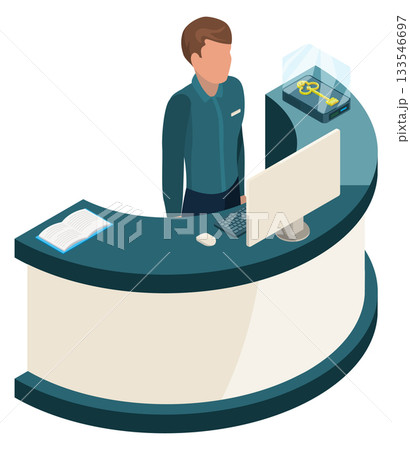 A man stands behind a counter with a computer and a keyboard A man stands behind a counter with a computer and a keyboard 133546697