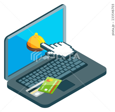 A laptop screen shows a hotel bell and a credit card A laptop screen shows a hotel bell and a credit card 133546703