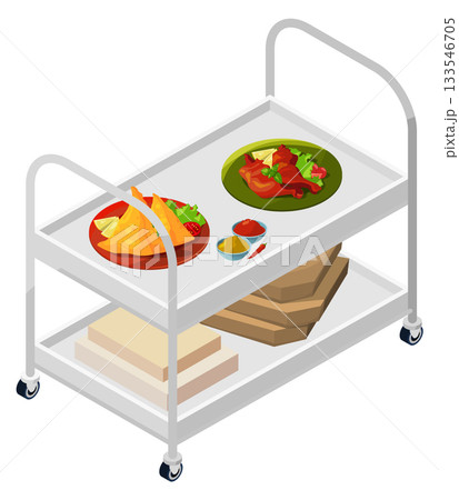 A cart with food on it, including a plate of food with a green plate 133546705