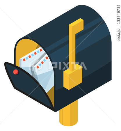 A black mailbox with a yellow post 133546733