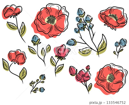 Floral line art collection with blossoms and buds 133546752