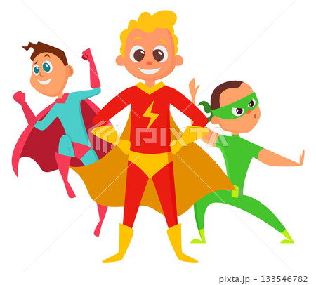 Three children dressed as superheroes are standing together Three children dressed as superheroes are standing together 133546782
