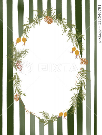 Whimsical Christmas floral oval frame of berries, pine cone, branch and stripes. Hand-drawn vintage border isolated on beige background. Illustration for design, print, fabric or background. 133546791