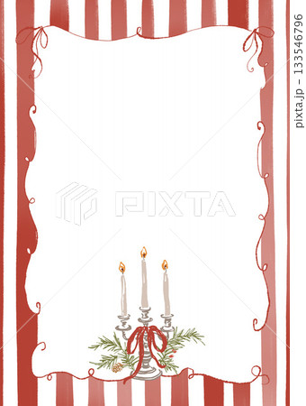 Christmas abstract frame with candelabra, candle, bow, berry and red stripes. Hand drawn illustration for design, print, fabric or background. Christmas abstract frame with candelabra, candle, bow, berry and red stripes. Hand drawn illustration for design, print, fabric or background. 133546796