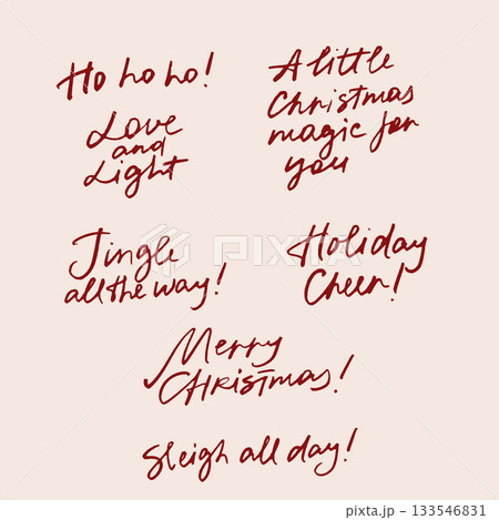 Vector Christmas lettering. Hand-drawn happy holiday set isolated on beige background. Illustration for design, print or background. 133546831