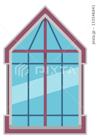 A window with a blue frame and a red roof A window with a blue frame and a red roof 133546841