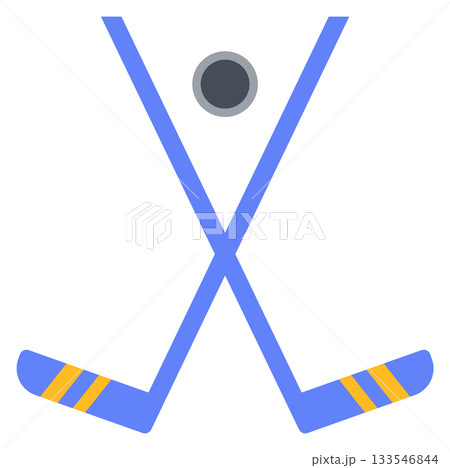 A blue and yellow hockey stick with a black circle in the middle 133546844