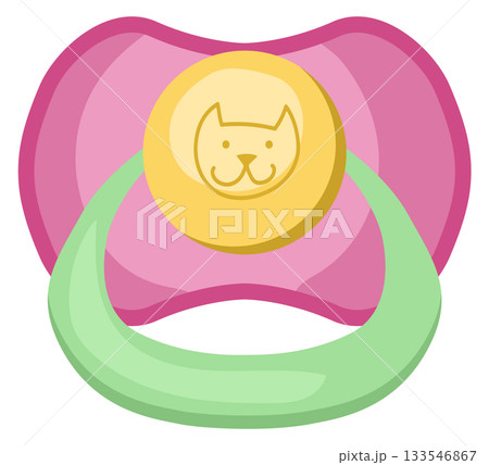 A pink and green pacifier with a cat on it A pink and green pacifier with a cat on it 133546867