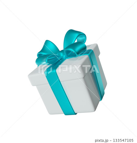 3D White Gift Box with a Blue Teal  Ribbon and Bow. A stylized icon perfect for Holiday, Birthday, Weddings or Christmas. Ideal for greeting cards and promotional materials. 3D rendering 133547105