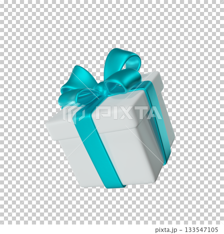 3D White Gift Box with a Blue Teal  Ribbon and Bow. A stylized icon perfect for Holiday, Birthday, Weddings or Christmas. Ideal for greeting cards and promotional materials. 3D rendering 133547105