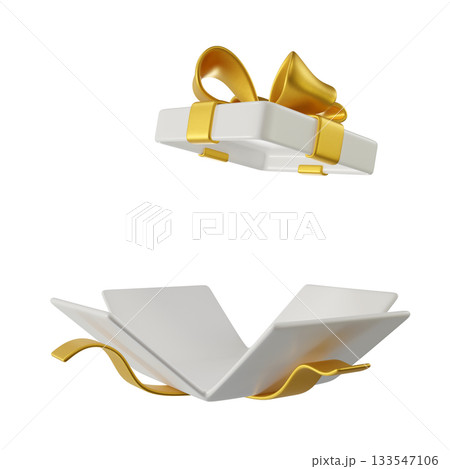 3D White Open Gift Box with a Gold Ribbon and Bow. A stylized icon perfect for Holiday, Birthday, Weddings or Christmas. Ideal for greeting cards and promotional materials. 3D rendering  133547106