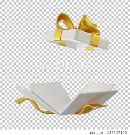 3D White Open Gift Box with a Gold Ribbon and Bow. A stylized icon perfect for Holiday, Birthday, Weddings or Christmas. Ideal for greeting cards and promotional materials. 3D rendering  133547106