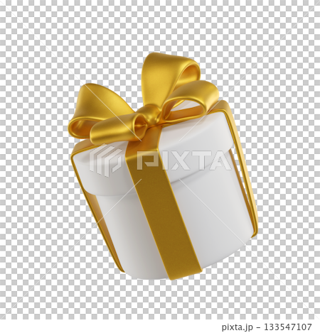 3D White Gift Round Box with a Gold Ribbon and Bow. A stylized icon perfect for Holiday, Birthday, Weddings or Christmas. Ideal for greeting cards and promotional materials. 3D rendering  133547107