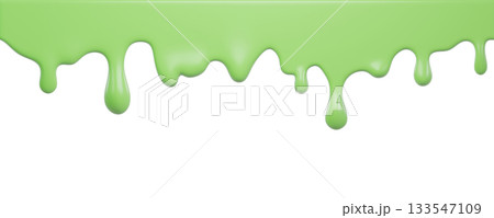 Green Pistachio Ice Cream melt with glossy drops  on Transparent background. The syrup, Liquid flows down. Drops of sweet green ice cream  in the form of a decorative border for culinary decoration 133547109
