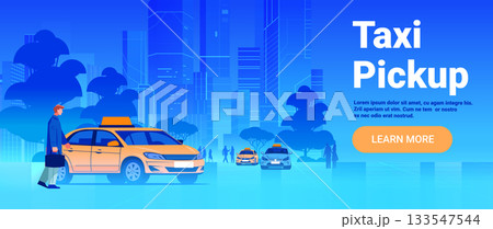 Taxi pickup urban city service man entering yellow cab modern skyscrapers street background website banner 133547544