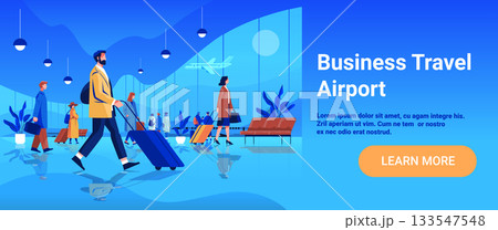 Business travel airport people walking luggage airplane modern terminal blue interior waiting area plants large windows website banner 133547548