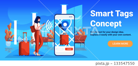 Smart tags luggage tracking airport woman using smartphone suitcase location mobile app interface digital blue background 133547550