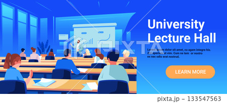 University lecture hall classroom education students listening teacher presentation modern interior blue color scheme website banner University lecture hall classroom education students listening teacher presentation modern interior blue color scheme website banner 133547563