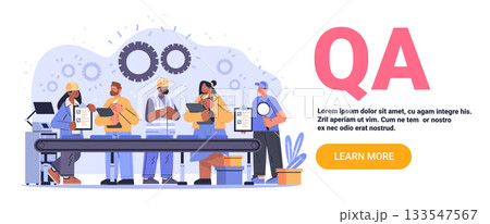 QA quality assurance team factory inspection workers assembly line checklist gears technology background modern workplace process control automation QA quality assurance team factory inspection workers assembly line checklist gears technology background modern workplace process control automation 133547567