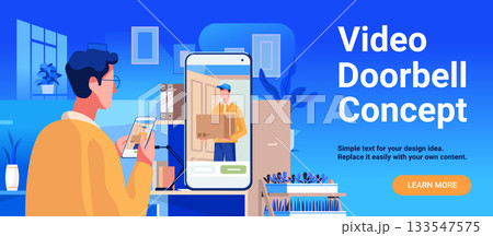 Video doorbell concept smart home security man viewing delivery person on smartphone modern interior blue background landing page Video doorbell concept smart home security man viewing delivery person on smartphone modern interior blue background landing page 133547575