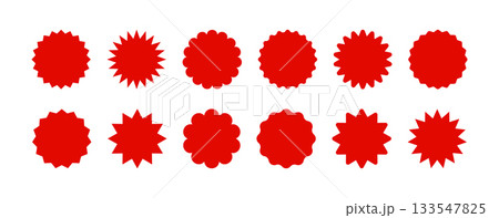 Red starburst sticker badge with radiant rays. Promotional star shaped icon for sale offers, discount labels, and retail price tags on isolated white background. Red starburst sticker badge with radiant rays. Promotional star shaped icon for sale offers, discount labels, and retail price tags on isolated white background. 133547825